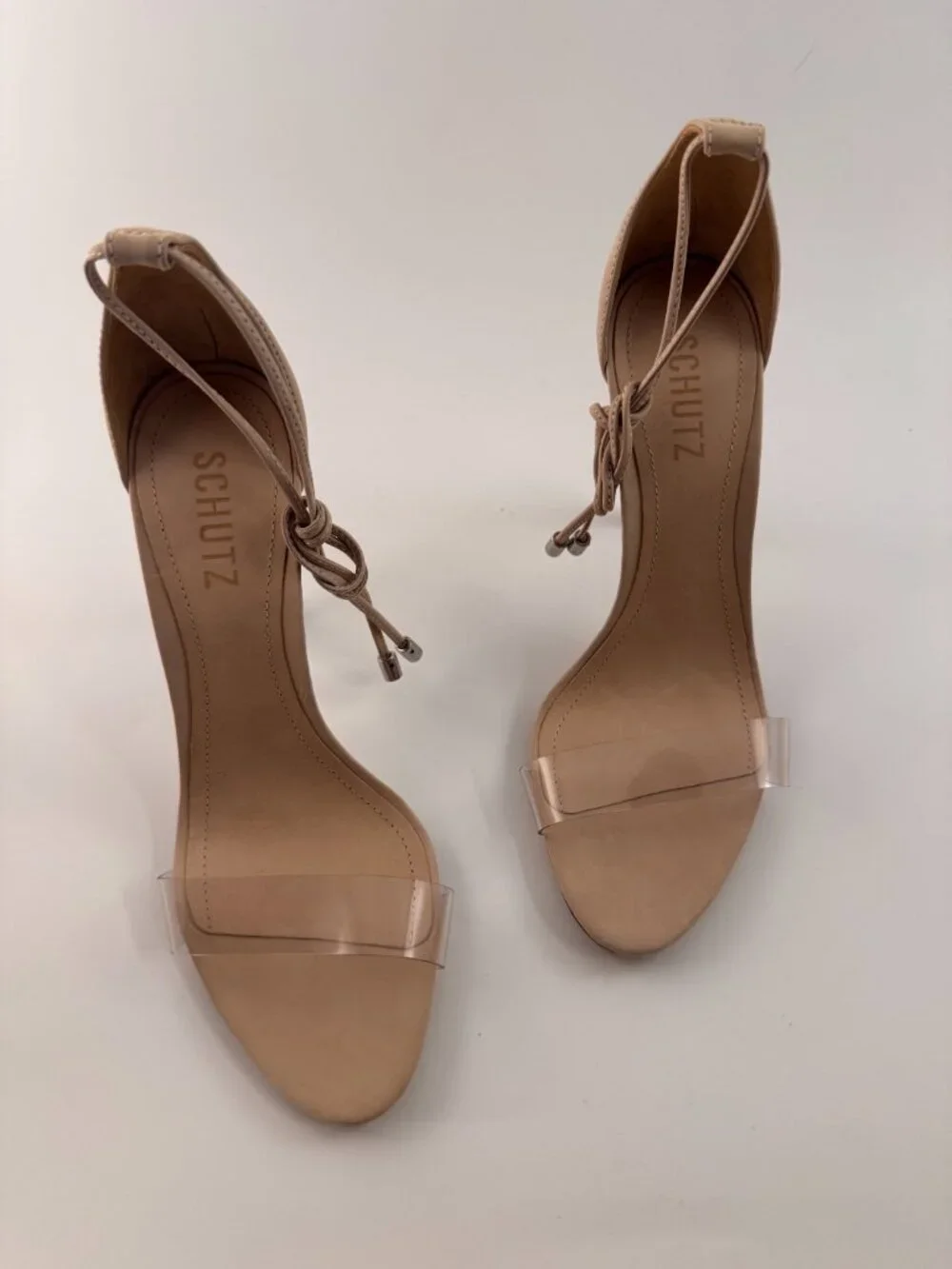 SCHUTZ Beige Nude Suede Clear Vinyl Strap Ankle Tie Stiletto Heels 8B